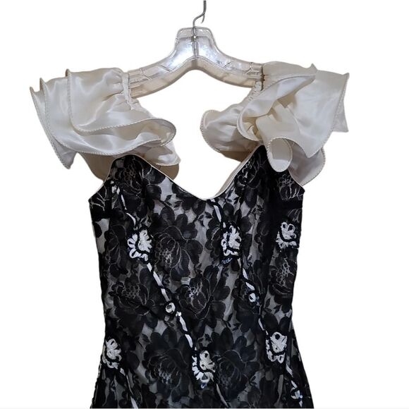 Midnight Glo Black Brown Cream Lace Aline Bodycon Dress W Ruffle Sleeve Sz 6 - Picture 5 of 8